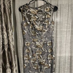 Size 2 LIKE NEW Adrianna Papell Gray Dress with Gold Floral Embroidery